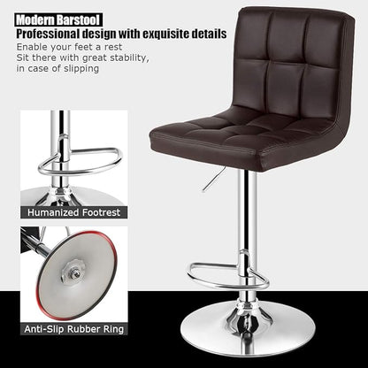 COSTWAY Adjustable Bar Stools Set of 4, Modern Swivel PU Leather Bar Chair with Backrest, Soft Cushioned Seat, Footrest, Sturdy Metal Frame, Comfortable Barstools for Kitchen Island, Pub, Brown