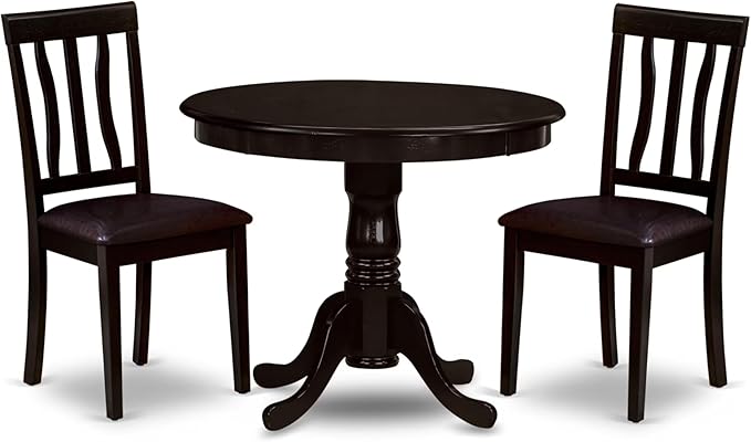 East West Furniture ANTI3-CAP-LC 3 Piece Kitchen Table & Chairs Set Contains a Round Dining Room Table with Pedestal and 2 Faux Leather Dining Room Chairs, 36x36 Inch, Cappuccino