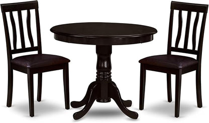 East West Furniture ANTI3-CAP-LC 3 Piece Kitchen Table & Chairs Set Contains a Round Dining Room Table with Pedestal and 2 Faux Leather Dining Room Chairs, 36x36 Inch, Cappuccino