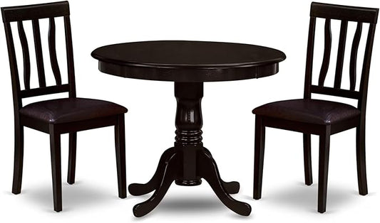 East West Furniture ANTI3-CAP-LC 3 Piece Kitchen Table & Chairs Set Contains a Round Dining Room Table with Pedestal and 2 Faux Leather Dining Room Chairs, 36x36 Inch, Cappuccino