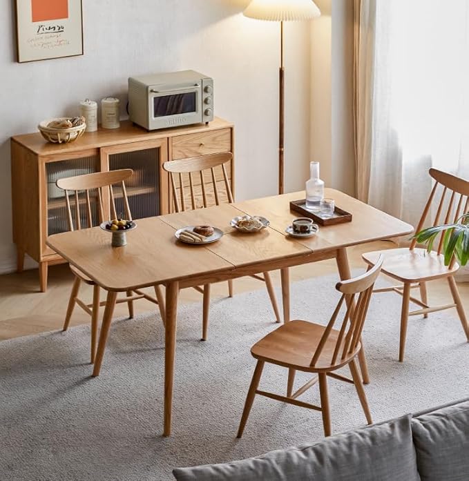 Solid Oak Extendable Dining Table for 4-6 People, 47.2 to 63 Inch, Seamless Expansion, Round Corner Design with Diagonal Legs, Farmhouse Kitchen Table for Small Spaces (Natural)