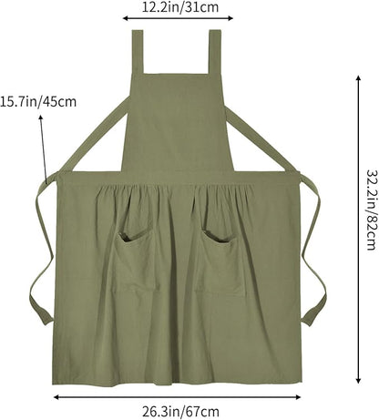Pinknoke Cotton Linen Pinafore Apron Dress for Women with Pockets Cute Art Chef Aprons for Kitchen Baking Gardening Painting