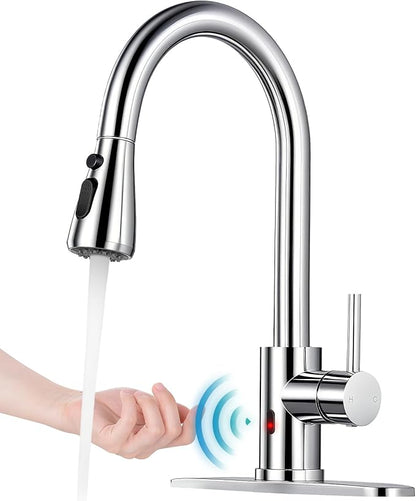 Touchless Kitchen Faucet with Pull Down Sprayer - Polished Chrome Single Handle Kitchen Faucets, High Arc Stainless Steel Pull Out Kitchen Sink Faucet with Deck for RV Laundry Farmhouse Bar