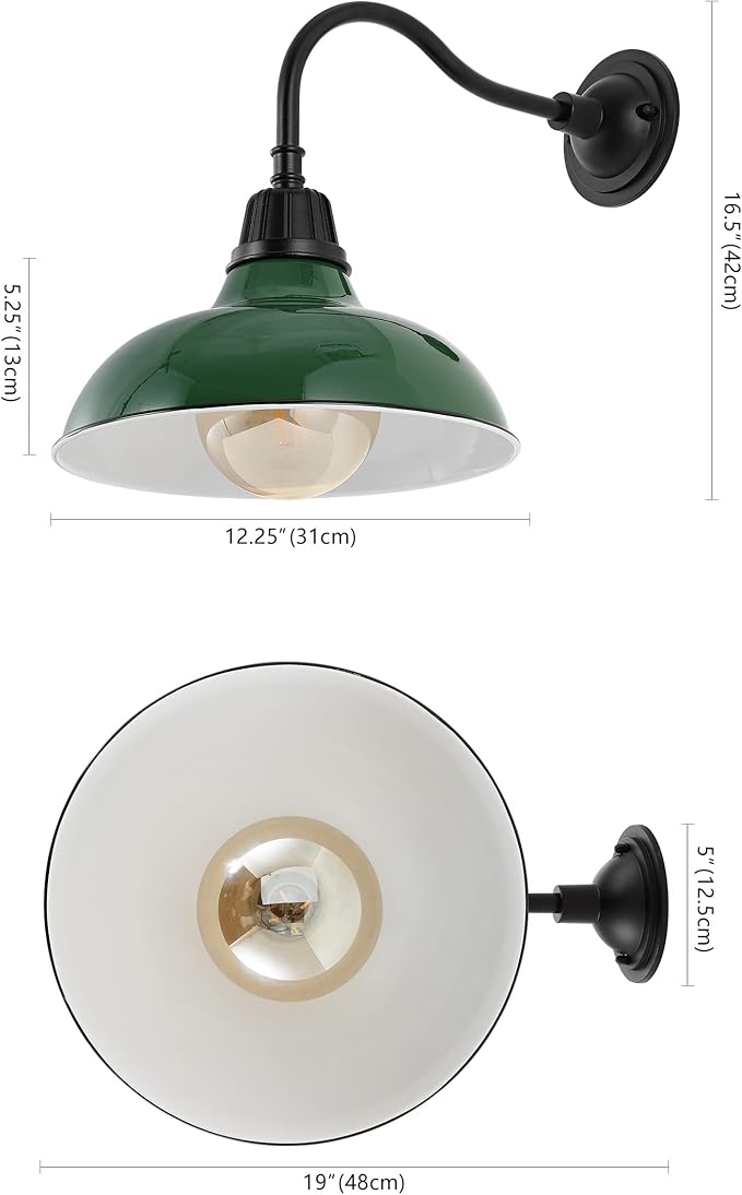 JONATHAN Y 12.25" Green/Black Farmhouse Industrial Outdoor Sconce, LED Gooseneck Wall Light for Porch, Metal Bowl Shade, Dimmable Vintage Exterior Fixture, LED Bulb Included (JYL7613F)