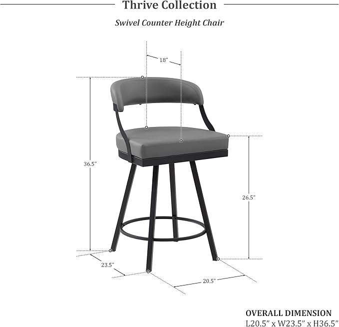 Lexicon Swivel Counter Height Stools Set of 2 - Counter Height Stools for Kitchen Island, Padded Seat, Open Back, Sturdy Black Metal Frame Finish and Grey Faux Leather Cushion Seat, Grey