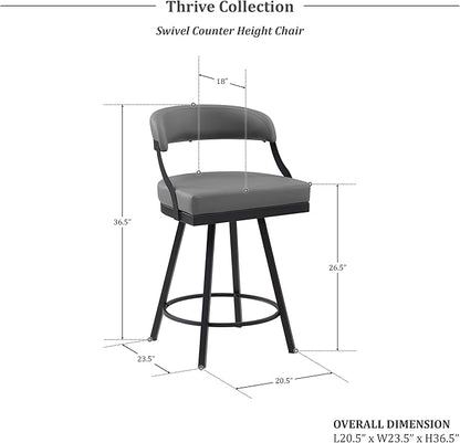Lexicon Swivel Counter Height Stools Set of 2 - Counter Height Stools for Kitchen Island, Padded Seat, Open Back, Sturdy Black Metal Frame Finish and Grey Faux Leather Cushion Seat, Grey