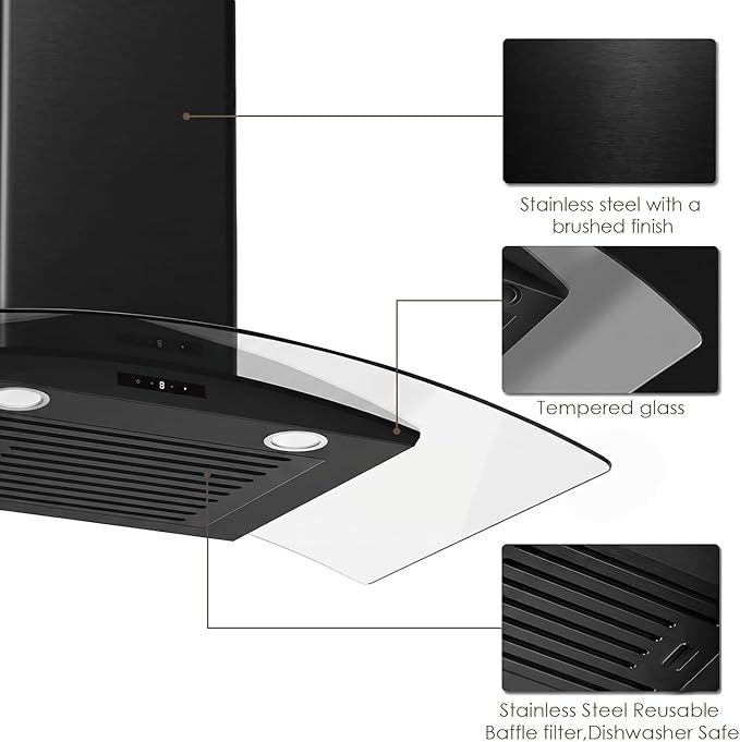 30 Inch Wall Mounted Curved Glass Black Range Hood with 450 CFM Stainless Steel kitchen Ductless/Ducted Convertible with 3 Speeds Extract Fan & Touch Control