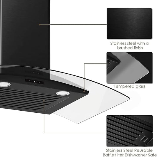 30 Inch Wall Mounted Curved Glass Black Range Hood with 450 CFM Stainless Steel kitchen Ductless/Ducted Convertible with 3 Speeds Extract Fan & Touch Control
