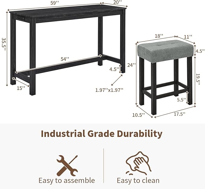 LKTART Kitchen Bar Table and Chairs Set, 4 Piece Bar Height Dining Table Set with Power Outlet and 3 Upholstered Stools Industrial Breakfast Nook, Small Space Living Room, Black
