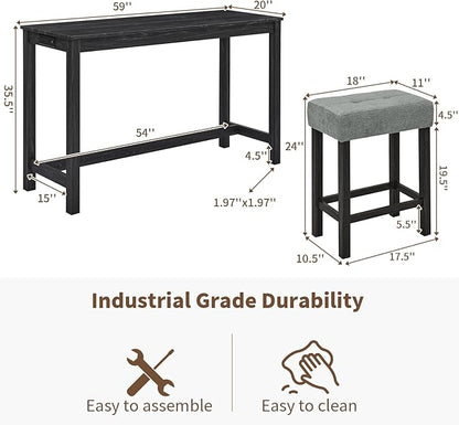 LKTART Kitchen Bar Table and Chairs Set, 4 Piece Bar Height Dining Table Set with Power Outlet and 3 Upholstered Stools Industrial Breakfast Nook, Small Space Living Room, Black