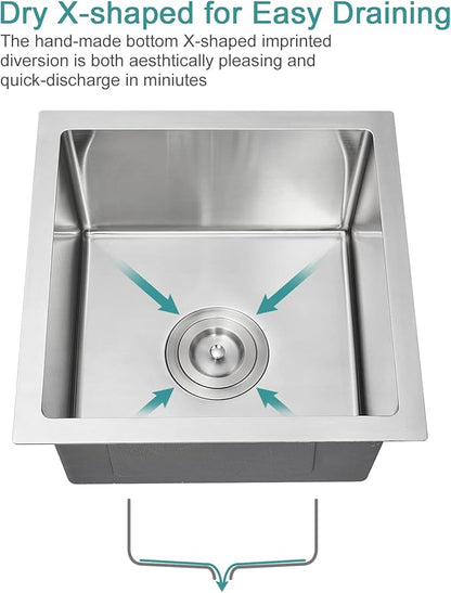 18 inch Bar Sink, KINKIB 18 x 18 x 9 inch Undermount Bar or Prep Kitchen Sink, Handmade Single Bowl T-304 Stainless Steel Small Kitchen Sink with Strainer