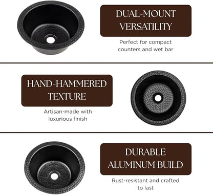 Monarch Abode Kitchen & Bar Sink – 12-inch Essex Dual Mount Drop in Bar Prep Sink, Hand Hammered Matte Black Aluminum Sinks, Drop in or Undermount Kitchen Sinks, Single Circular Dual Mount Bowl
