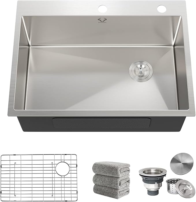 Kitchen Sink 27 x 22 inch Drop-In Top Mount 16 Gauge Tight Radius Single Bowl 2-Hole Stainless Steel Kitchen Sink and Accessories (Pack of 4)
