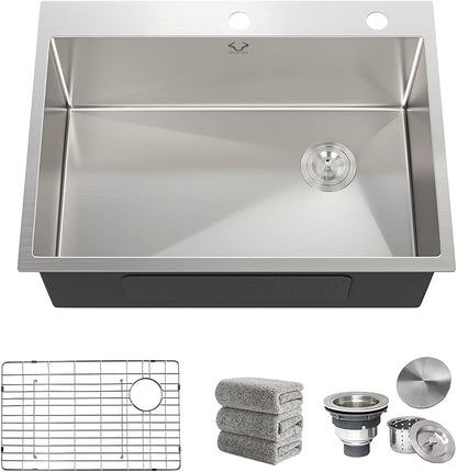 Kitchen Sink 27 x 22 inch Drop-In Top Mount 16 Gauge Tight Radius Single Bowl 2-Hole Stainless Steel Kitchen Sink and Accessories (Pack of 4)