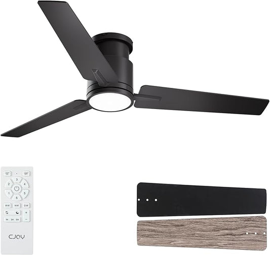 CJOY Ceiling Fan with Lights, 52 Inch Low Profile Ceiling Fans with Light and Remote, Reversible DC, Flush Mount, 3CCT，Dimmable, Modern Indoor/Outdoor Design for Bedroom, Living Room, Patio, Kitchen