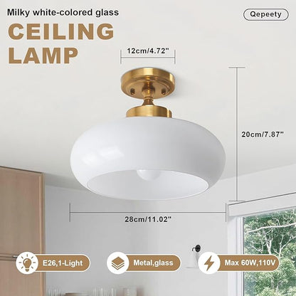 2 Pack Modern Semi Flush Mount Ceiling Light 1-Light Gold Ceiling Light Milky White Glass Shade Vintage Gold E26 Socket (Bulbs Not Included) Rustic Ceiling Light Fixture for Bar Cafe Office