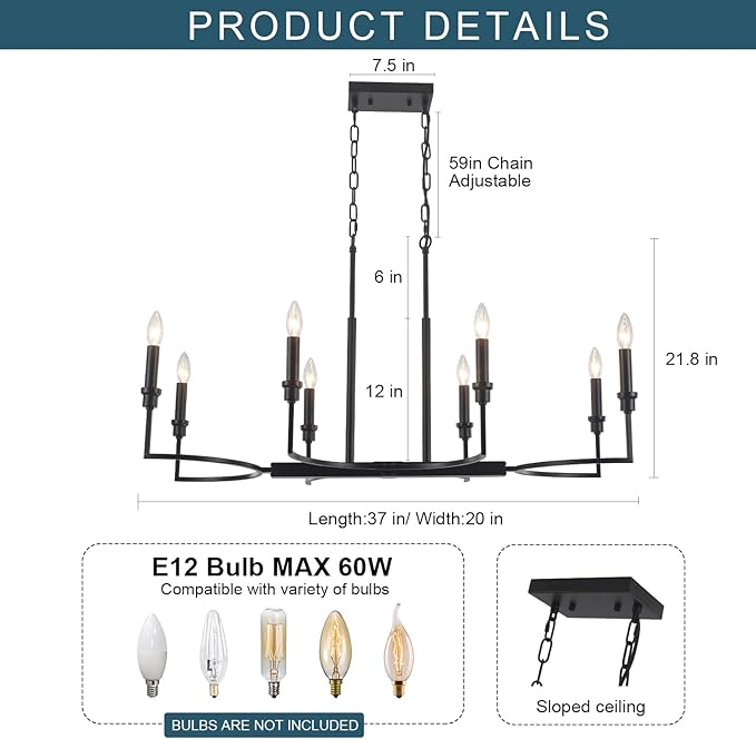 8-Light Black Chandelier, Farmhouse Dining Room Light Fixtures Over Table, Metal Candle Rectangular Chandelier Light Fixture Dining Retro Kitchen Island Lighting Living Room Entryway37in