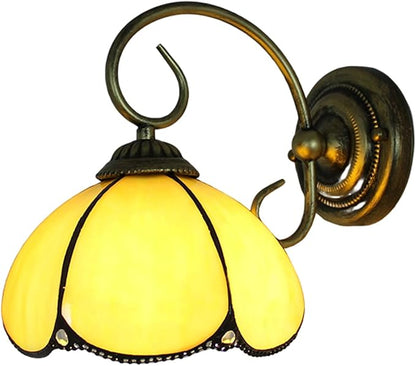 8" Vintage Stained Glass Wall Sconce Yellow Bending Shade Simple Wall Mounted Lamps for Bedroom Over Bed Hardwired Bathroom Lights Over Mirror Fixture with Plug Cord Switch Flower Design