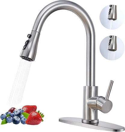 Brushed Nickel Kitchen Faucet with Pull Down Sprayer,304 Stainless Steel High Arc Single Handle Classic Sink Faucet with Pull Out Sprayer,Suitable for Farmhouse Camper Laundry Rv Bar