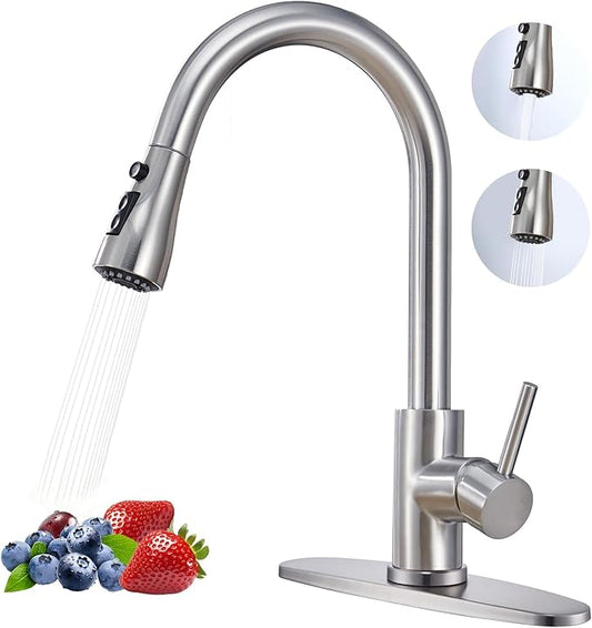 Brushed Nickel Kitchen Faucet with Pull Down Sprayer,304 Stainless Steel High Arc Single Handle Classic Sink Faucet with Pull Out Sprayer,Suitable for Farmhouse Camper Laundry Rv Bar