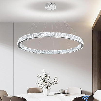 Modern LED Dimmable Crystal Chandelier 47.5" Ring Pendant Light Adjustable Round Chrome Crystal Chandelier for Dining Room Living Room