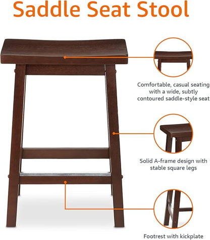Amazon Basics Solid Wood Saddle-Seat Counter Height Bar Stools for Kitchen Island with Footrest, 24-Inch Height, Walnut, Set of 2