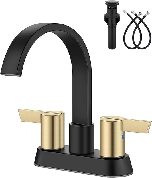 Aolemi Bathroom Faucets for Sink 3 Hole,4 Inch Centerset Waterfall Faucet 2 Handle for Bathroom Sink with Pop-Up Drain and Supply Lines Matte Black and Brushed Gold