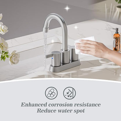 Phiestina Brushed Nickel 4 Inch 2 Handle Centerset Lead-Free Bathroom Sink Faucet 2 Pack, with Copper Pop Up Drain and Water Supply Lines,BF15-1-BN-2PACK
