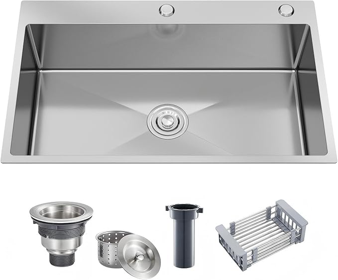 29.5x17.7 Inch Kitchen Sink Drop-in, Stainless Steel Top Mount Kitchen Sink, Single Bowl Kitchen Sinks with Basket Strainer for RV, Travel Trailer, Garage(Nano)