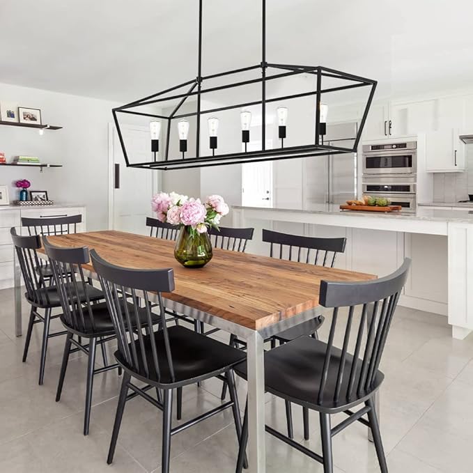 BONLICHT 6-Light Linear Farmhouse Chandelier in Matte Black Finish Industrial Kitchen Island Pendant Lighting Ceiling Hanging Lamp for Dining Room Stairway Living Room