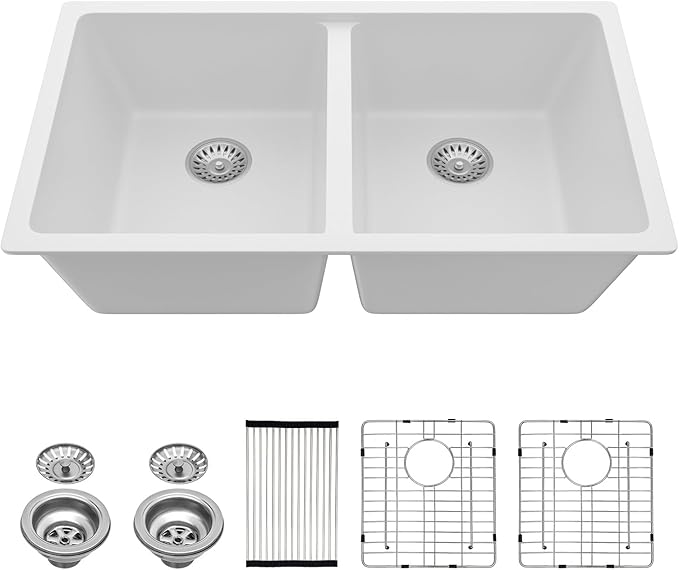 Lordear 33 Granite Composite Kitchen Sink 33x19 Inch White Undermount Sink Double Bowl 50/50 Granite Composite Under/Over Counter White Kitchen Sink