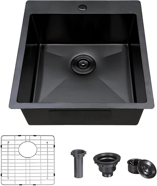 Comllen 18x18 Inch Drop in Black Bar Sink,Top Mount Handmade 16 Gauge Stainless Steel Small Black Kitchen Sink,9 Inch Deep Single Bowl Wet Bar Sink with Stainless Steel Grid & Strainer