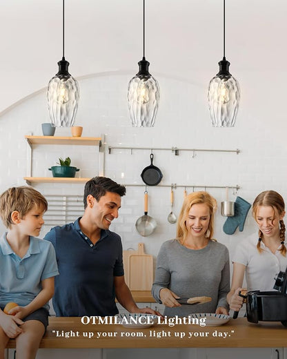 Pendant Lights Kitchen Island, 6.3” Black Blown Glass Pendant Lights 1-Pack, Farmhouse Pendant Light with Clear Hammered Glass, Modern Kitchen Pendant Light for Dining Room, Bathroom, Cafe