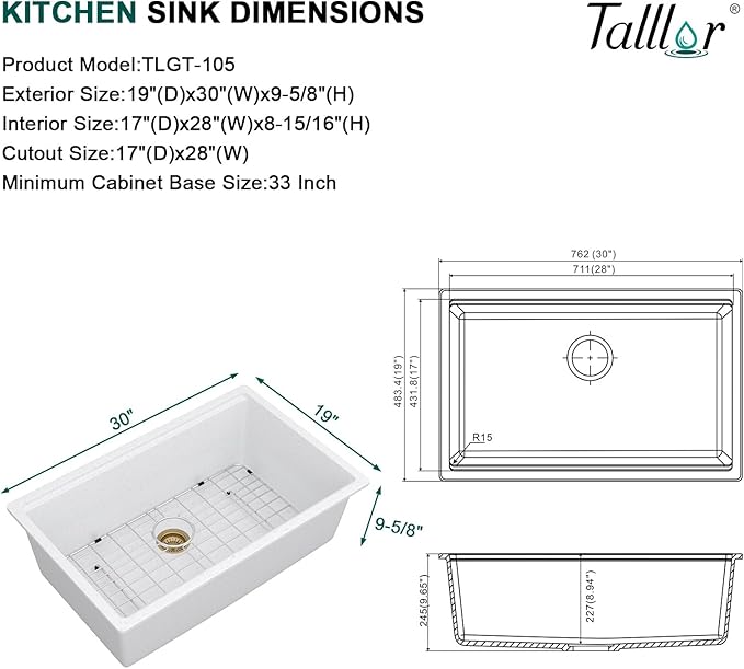 30 Inch Granite Composite Kitchen Sink - 30"x19" White Undermount Granite Kitchen Sink, Classic Quartz Single Bowl Workstation All-In One Sinks Basin for Modern Kitchens #TLGU-105