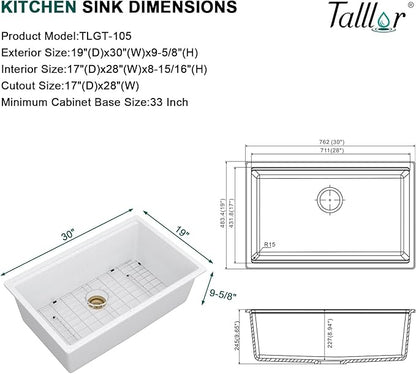 30 Inch Granite Composite Kitchen Sink - 30"x19" White Undermount Granite Kitchen Sink, Classic Quartz Single Bowl Workstation All-In One Sinks Basin for Modern Kitchens #TLGU-105