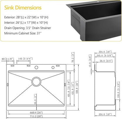 28 Black Drop In Farmhouse Kitchen Sink, Luckyhorse 16 Gauge Nano Black Stainless Steel 28x22 Inches Drop In Topmount Workstation Kitchen Farmhouse Sink With Apron Front LH008SZ