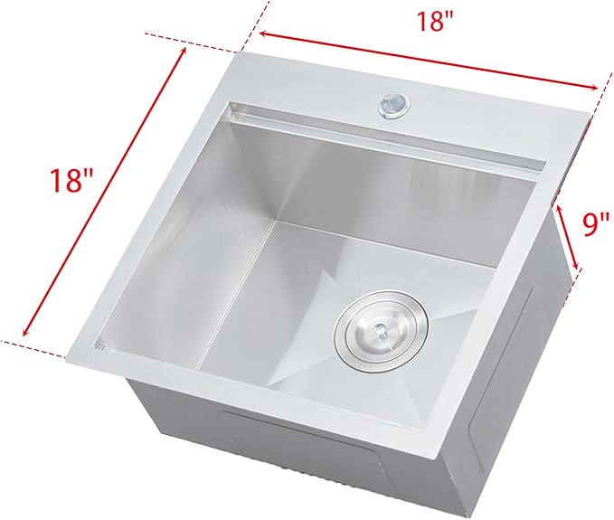 HOTIS 18 X 18 Inch Drop In Bar Sink, Stainless Steel Small Kitchen Sink, Top Mount Deep Workstation Single Bowl, Outdoor Camper Rv Laundry Wet Bar Prep Sinks With Grid & Drain & Cutting Board