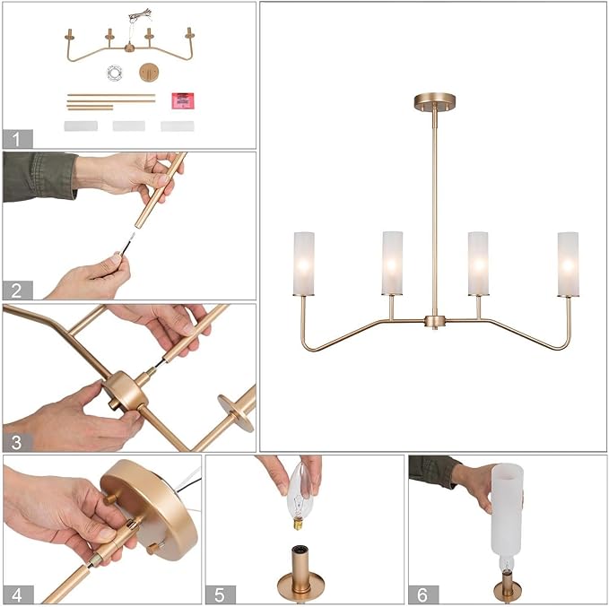 LOG BARN Pendant Lighting for Kitchen Island, 4-Light Modern Gold Linear Dining Room Chandelier Light Fixture Over Table, 32'' Kitchen Island Lighting with Frosted Glass Shade