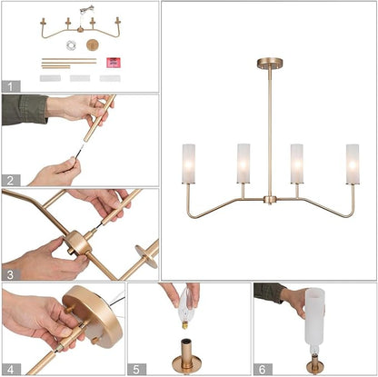 LOG BARN Pendant Lighting for Kitchen Island, 4-Light Modern Gold Linear Dining Room Chandelier Light Fixture Over Table, 32'' Kitchen Island Lighting with Frosted Glass Shade