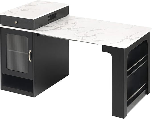 Modern Dining Table 59.5in Kitchen Island with Extendable Table, Double-Sided, 2 Drawers, Power Outlet, Side Shelves, Wood Finish, Design, Console for Living Room,Black-