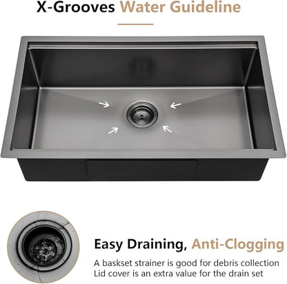 Dcolora 33" Black Undermount Kitchen Sink Workstation NANO-PVD Kitchen Sinks with Ledge Round Corner 16 Gauge Stainless Steel Single Bowl Basin, Gunmetal Black 33"x19’x10", DC-U7706