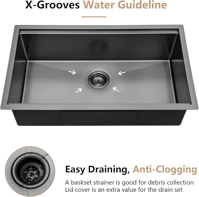 Dcolora 30 Inch Undermount Sink Black Stainless Steel Kitchen Sink Undermount Workstation Gunmetal Black Stainless Steel 16 Gauge Single Bowl Kitchen Sink Basin (30"x19"x10"), DC-U7708