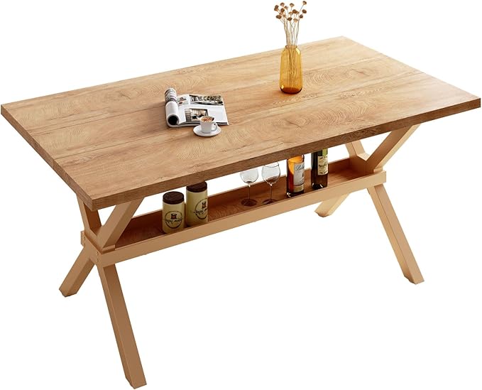 HIPIHOM 63" Dining Table with Storage Shelves, Crafted with MDF Desktop and Heavy Duty Metal Legs, Dining Sets for Kitchen & Dining Room Furniture, Small Spaces