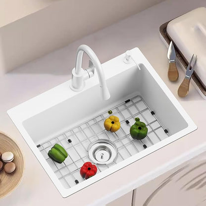 White 25x18 Inch Kitchen&Bar Sink- Stainless Steel Drop In Single Bowl Topmount Kitchen And Bar Sink With Sink Grid And Drain Assembly Bright White Bar Sink Enhance Aesthetic Appeal Of Modern Kitchen