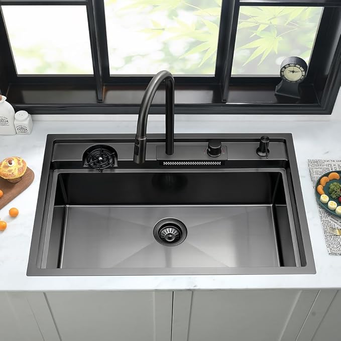 33 Inch Drop In Waterfall Kitchen Sink Black-iAnomla 33x19 Black Kitchen Sink Drop In Top Mount Modern Sinks with Cup Washer 16 Gauge Single Bowl Deep Multifunctional Smart Sinks and Faucet Combo
