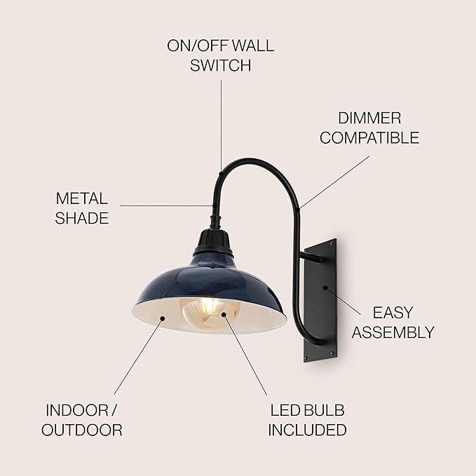 JONATHAN Y 12.25" Navy/Black 1-Light Farmhouse Gooseneck Outdoor Wall Sconce Lamp, with Black Metal Bowl Shade, Industrial Iron LED Porch Light for Patio Garage Entryway (JYL7614C)