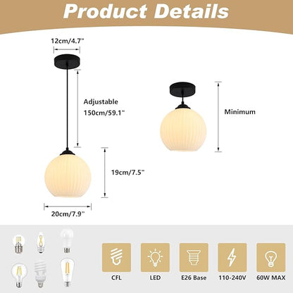 KCO Lighting Vintage Ribbed Glass Pendant Light Black Globe Pendant Lights Kitchen Island Mid Century Modern Pendant Light Milk Glass Hanging Light Fixture (2 Pack)