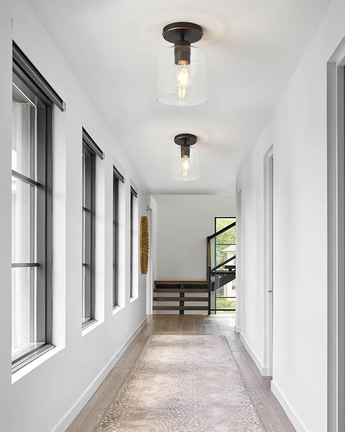Brown and Gold Semi Flush Mount Ceiling Light,Modern Farmhouse Ceiling Light Fixture for Closet Entryway,Hallway Light Fixture 5.9in Clear Glass Shade 2 Pack
