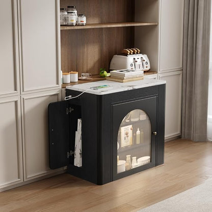 Extendable Drop Leaf Dining Table with Storage, Kitchen Island Cart with Outlet, Rolling Bar Table with Drawers and Glass Door Cabinet for Small Kitchen