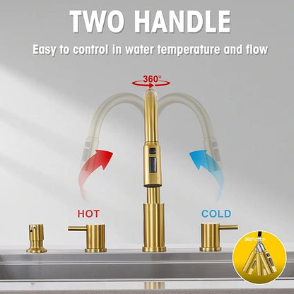 Tohlar 4 Hole Kitchen Faucet, Brushed Gold Kitchen Faucet with Soap Dispenser and Pull Down Sprayer 3 Modes Kitchen Sink Faucets, Stainless Steel High Arch Kitchen Sink Faucet with Separate Handle